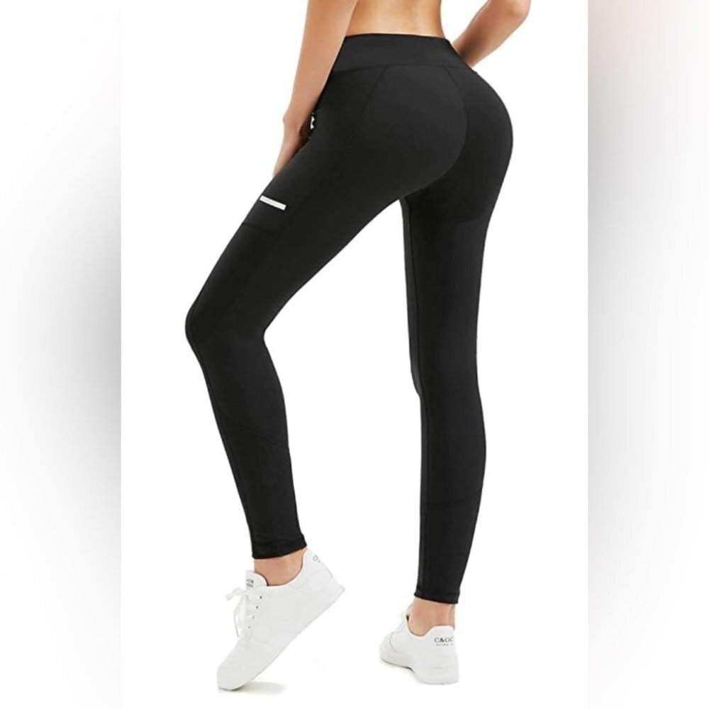 Along Fit black leggings side pocket  reflective stripe size Medium